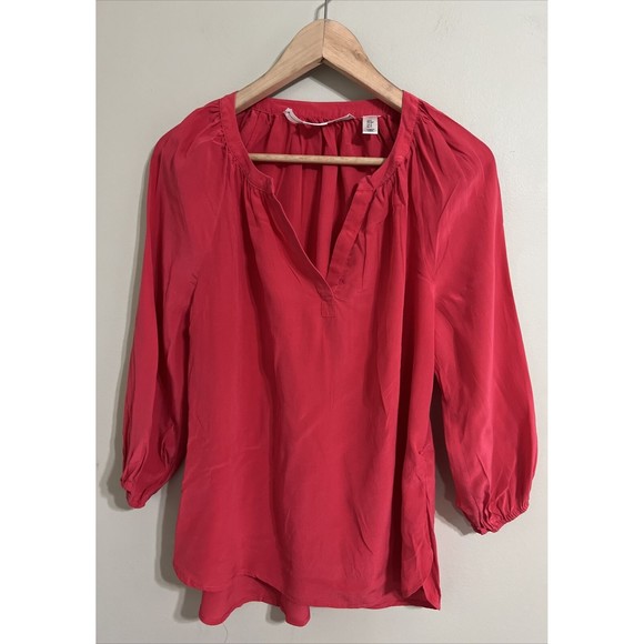 Max Studio Women's Size Small Red 3/4 Sleeve 100% Silk V Neck  Casual Blouse - Picture 1 of 5